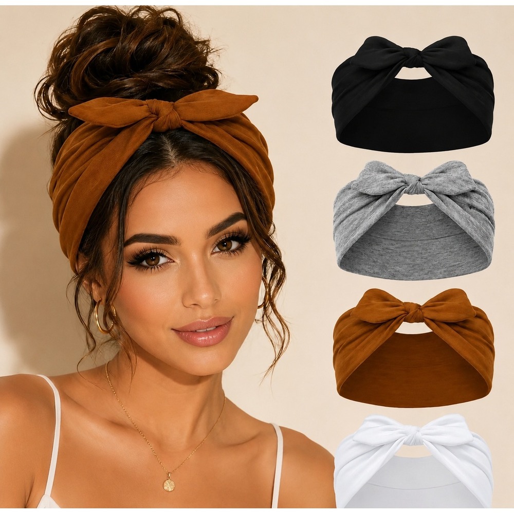 4 Pack Wide Bow Headband Stretchy Soft Jersey Hair Wrap Black Gray Brown White